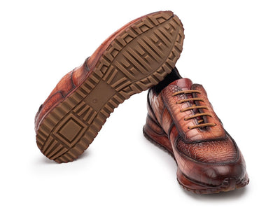 Paul Parkman Men's Brown Burnished Textured Leather Sneakers (IDLB704CML)