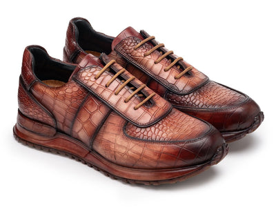 Paul Parkman Men's Brown Burnished Textured Leather Sneakers (IDLB704CML)