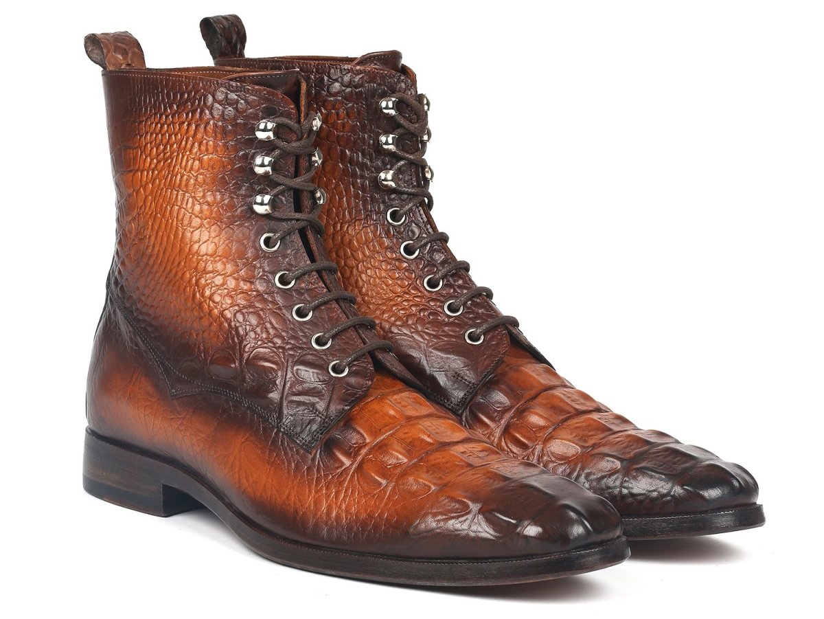 Paul Parkman Men's Brown Croco Embossed Leather Lace Up Boots (IDBT744 BRW)