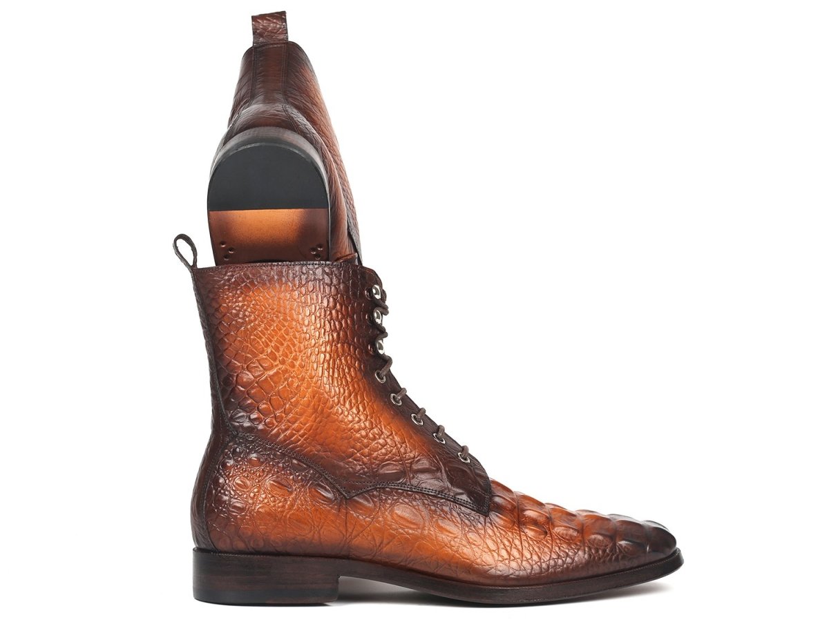 Paul Parkman Men's Brown Croco Embossed Leather Lace Up Boots (IDBT744 BRW)