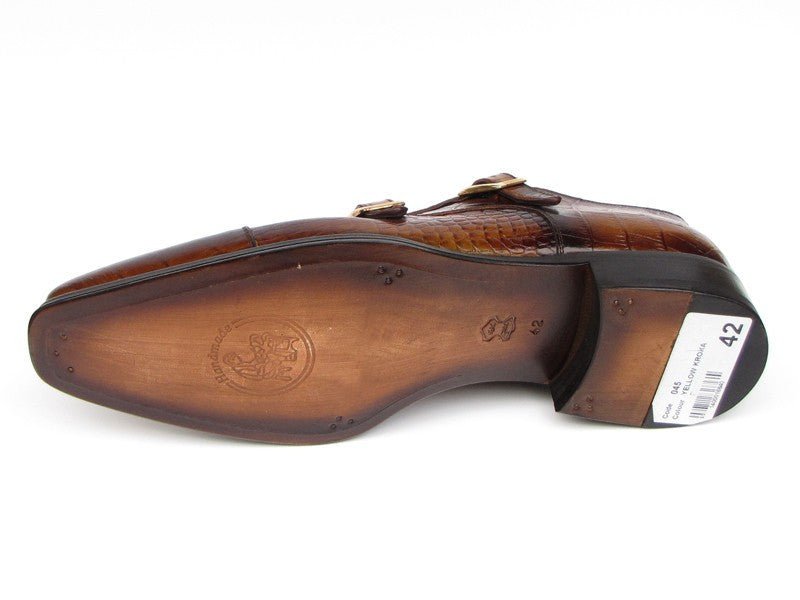 Paul Parkman Men's Brown Crocodile Embossed Calfskin Double Monkstrap (ID045 - APR - BRW)
