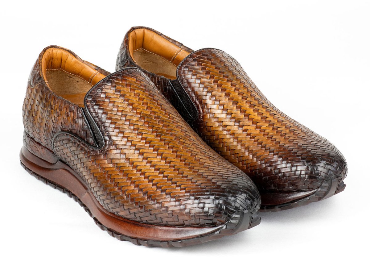 Paul Parkman Men's Brown Woven Leather Slip On Sneakers (IDLW204BRW)