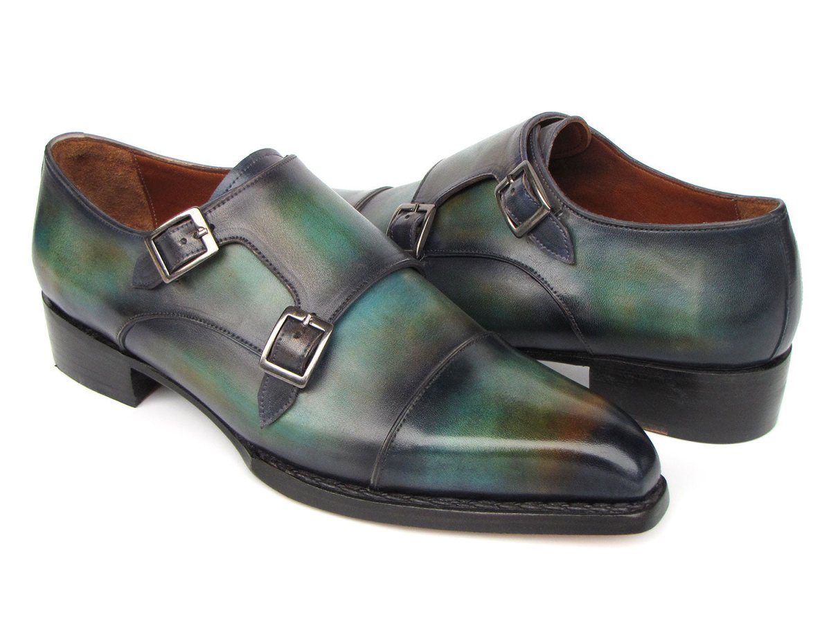 Paul Parkman Men's Cap Toe Double Monkstrap Shoes Green and Blue Patina
