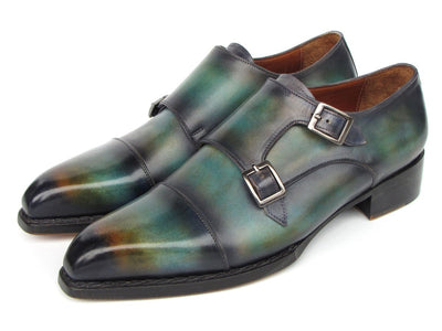 Paul Parkman Men's Cap Toe Double Monkstrap Shoes Green and Blue Patina