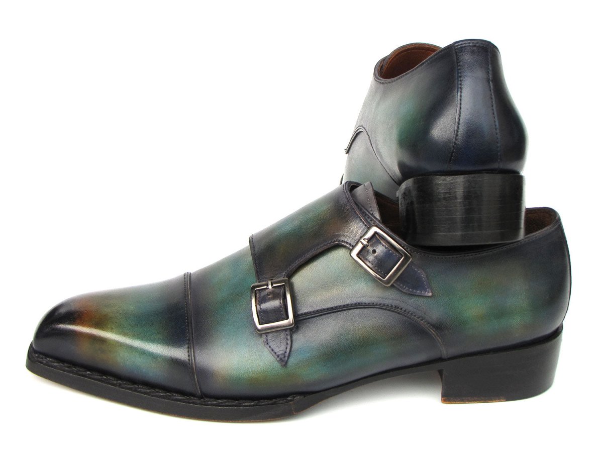 Paul Parkman Men's Cap Toe Double Monkstrap Shoes Green and Blue Patina