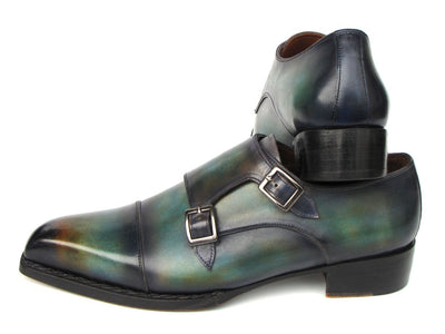 Paul Parkman Men's Cap Toe Double Monkstrap Shoes Green and Blue Patina