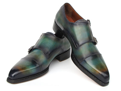 Paul Parkman Men's Cap Toe Double Monkstrap Shoes Green and Blue Patina