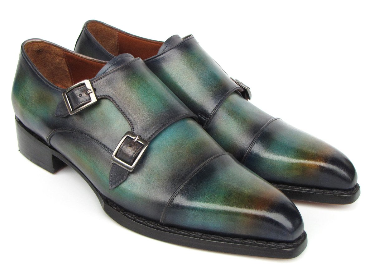 Paul Parkman Men's Cap Toe Double Monkstrap Shoes Green and Blue Patina