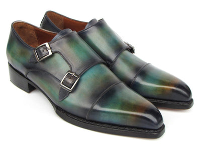 Paul Parkman Men's Cap Toe Double Monkstrap Shoes Green and Blue Patina