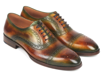 Paul Parkman Men's Cap Toe Oxfords Green and Brown (ID266GB79)