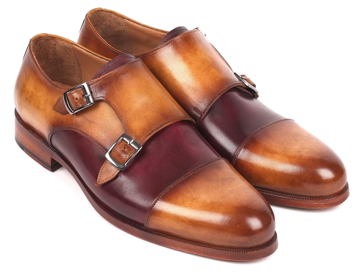 Paul Parkman Men's Captoe Double Monkstraps in Brown and Purple