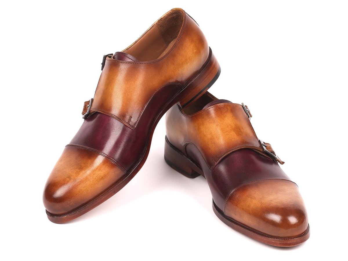 Paul Parkman Men's Captoe Double Monkstraps in Brown and Purple