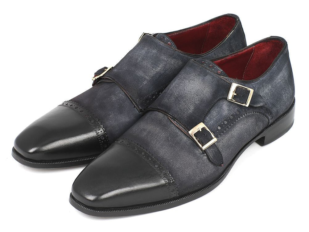 Paul Parkman Men's Captoe Double Monkstraps Navy Suede (IDFK77W)