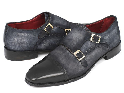 Paul Parkman Men's Captoe Double Monkstraps Navy Suede (IDFK77W)