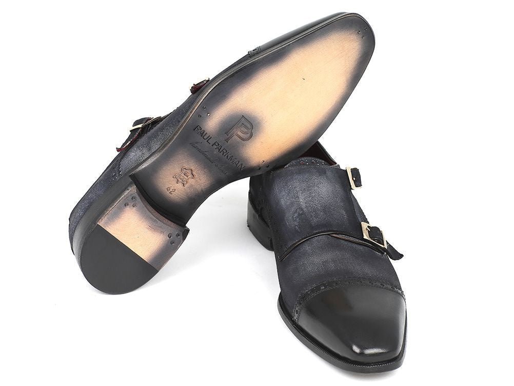 Paul Parkman Men's Captoe Double Monkstraps Navy Suede (IDFK77W)