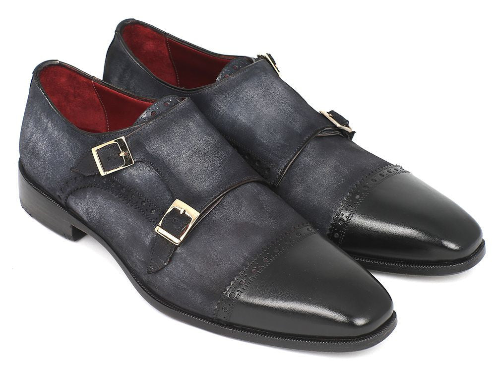 Paul Parkman Men's Captoe Double Monkstraps Navy Suede (IDFK77W)