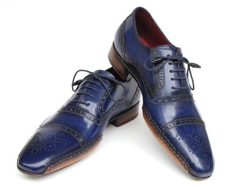 Paul Parkman Men's Captoe Navy Blue Hand Painted Oxfords (ID5032 - NAVY)