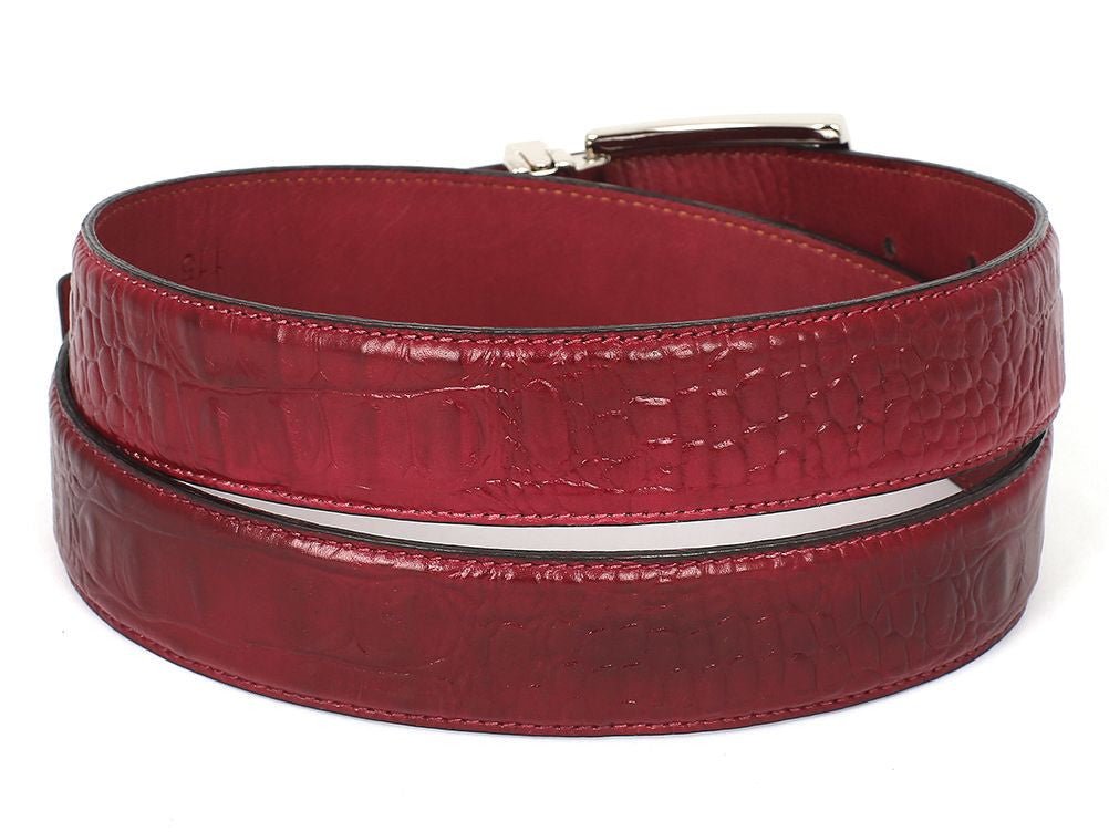 Paul Parkman Men's Croco Embossed Calfskin Leather Belt in Burgundy
