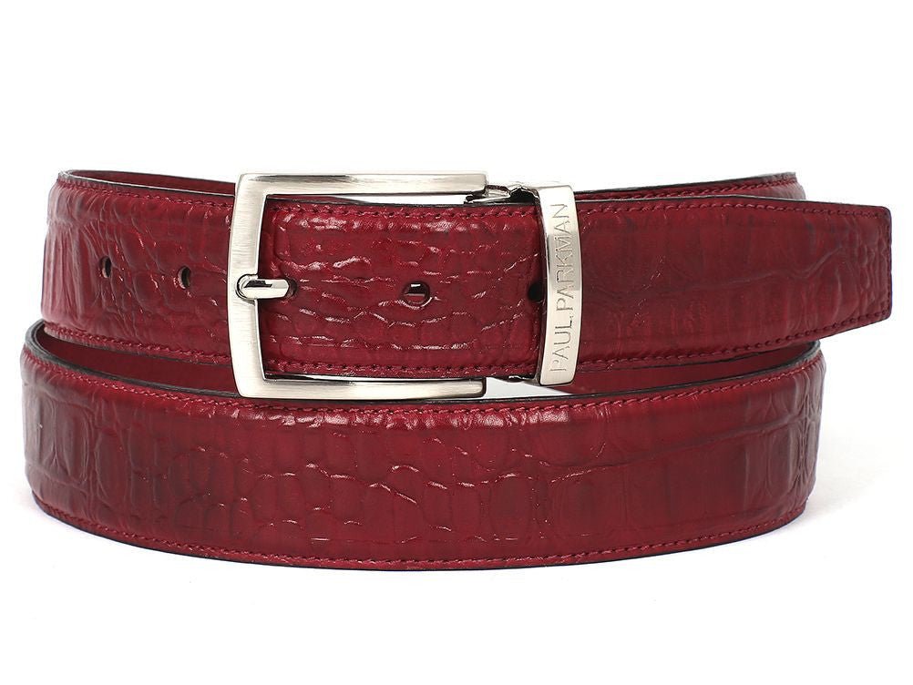 Paul Parkman Men's Croco Embossed Calfskin Leather Belt in Burgundy