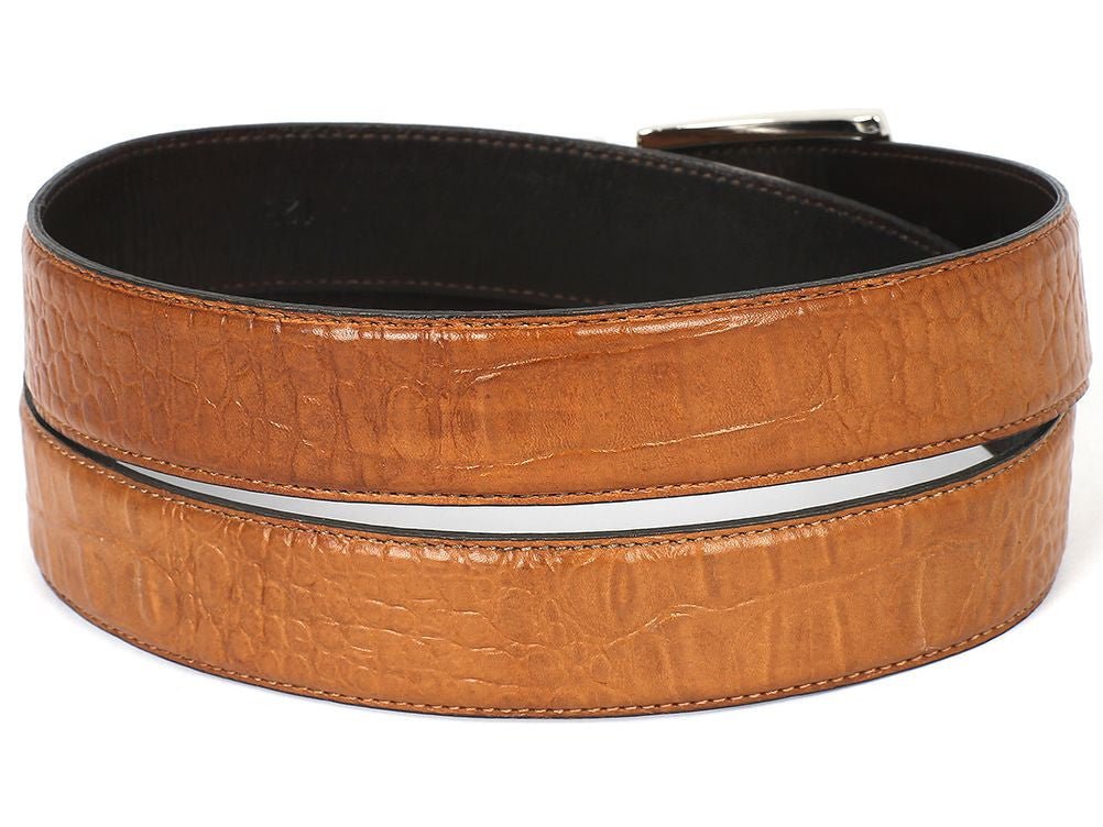 Paul Parkman Men's Croco Embossed Calfskin Leather Belt in Camel