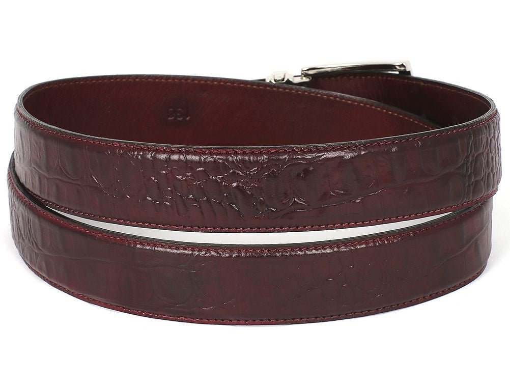 Paul Parkman Men's Croco Embossed Calfskin Leather Belt in Dark Bordeaux