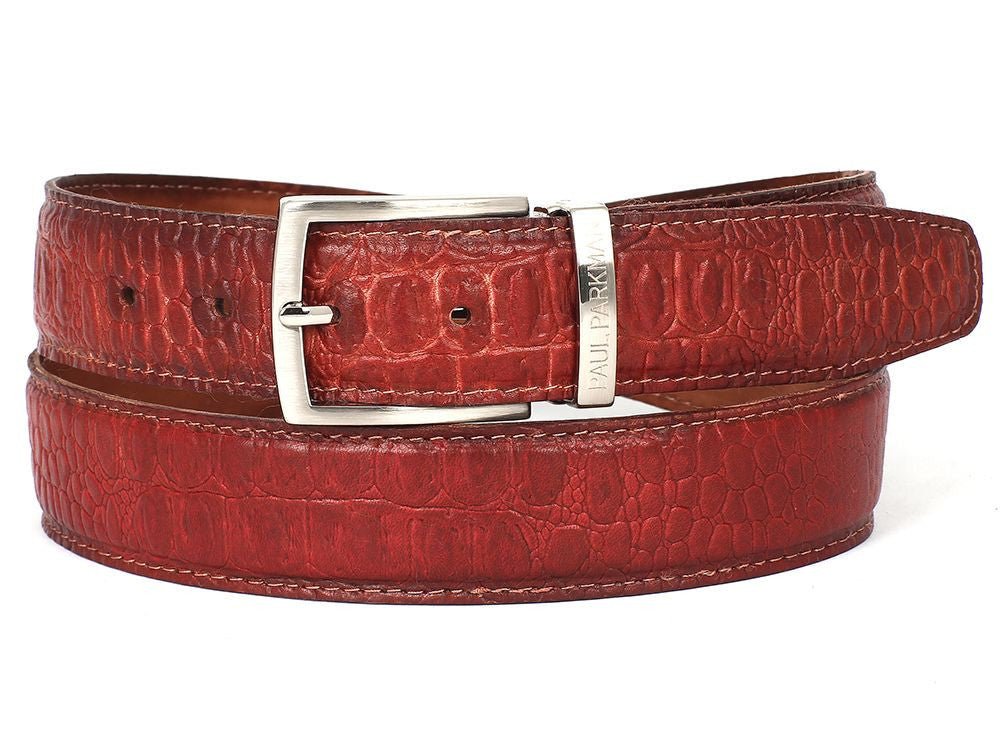 Paul Parkman Men's Croco Embossed Calfskin Leather Belt in Reddish