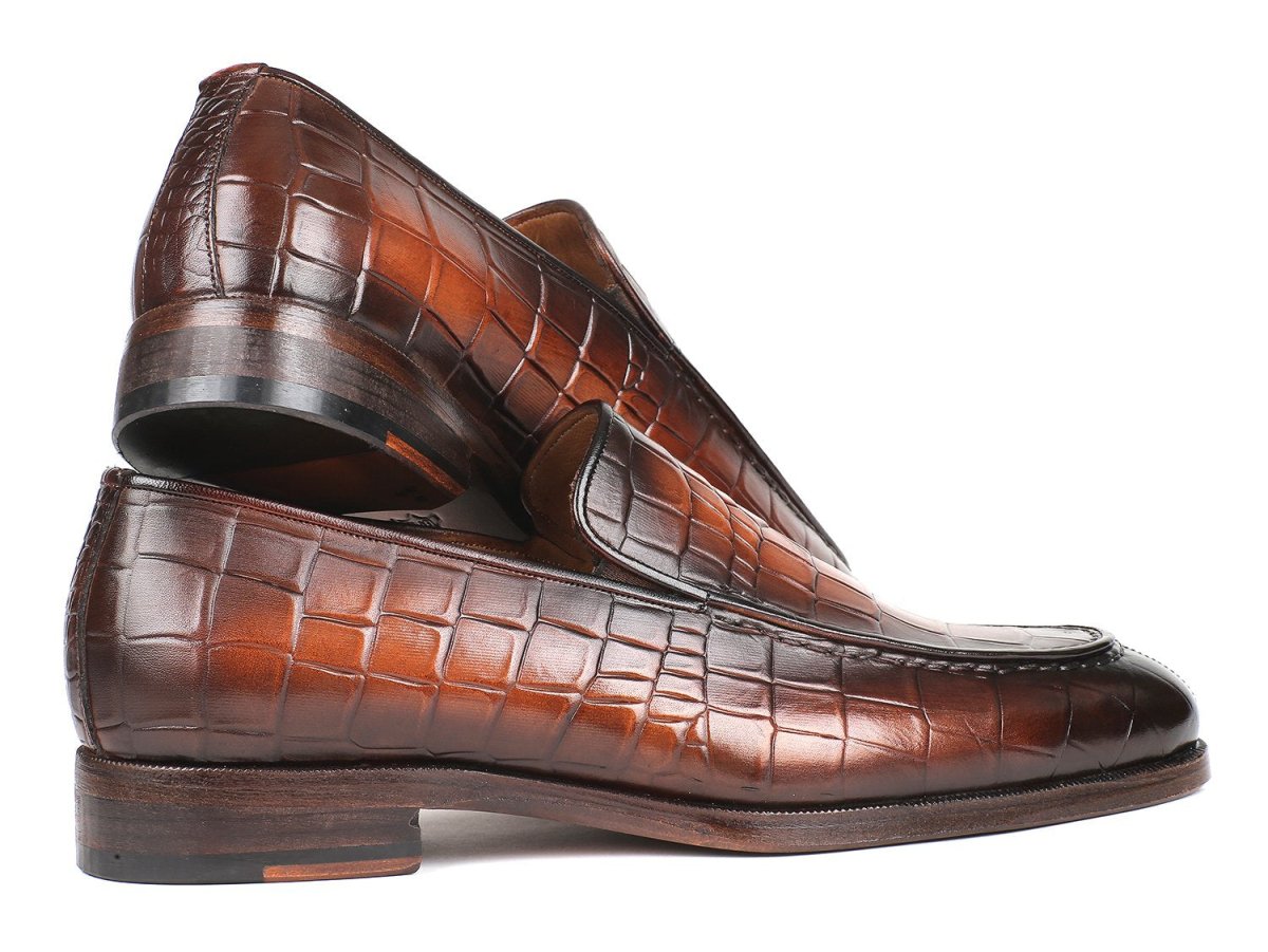 Paul Parkman Men's Croco Embossed Calfskin Loafers in Brown Burnished