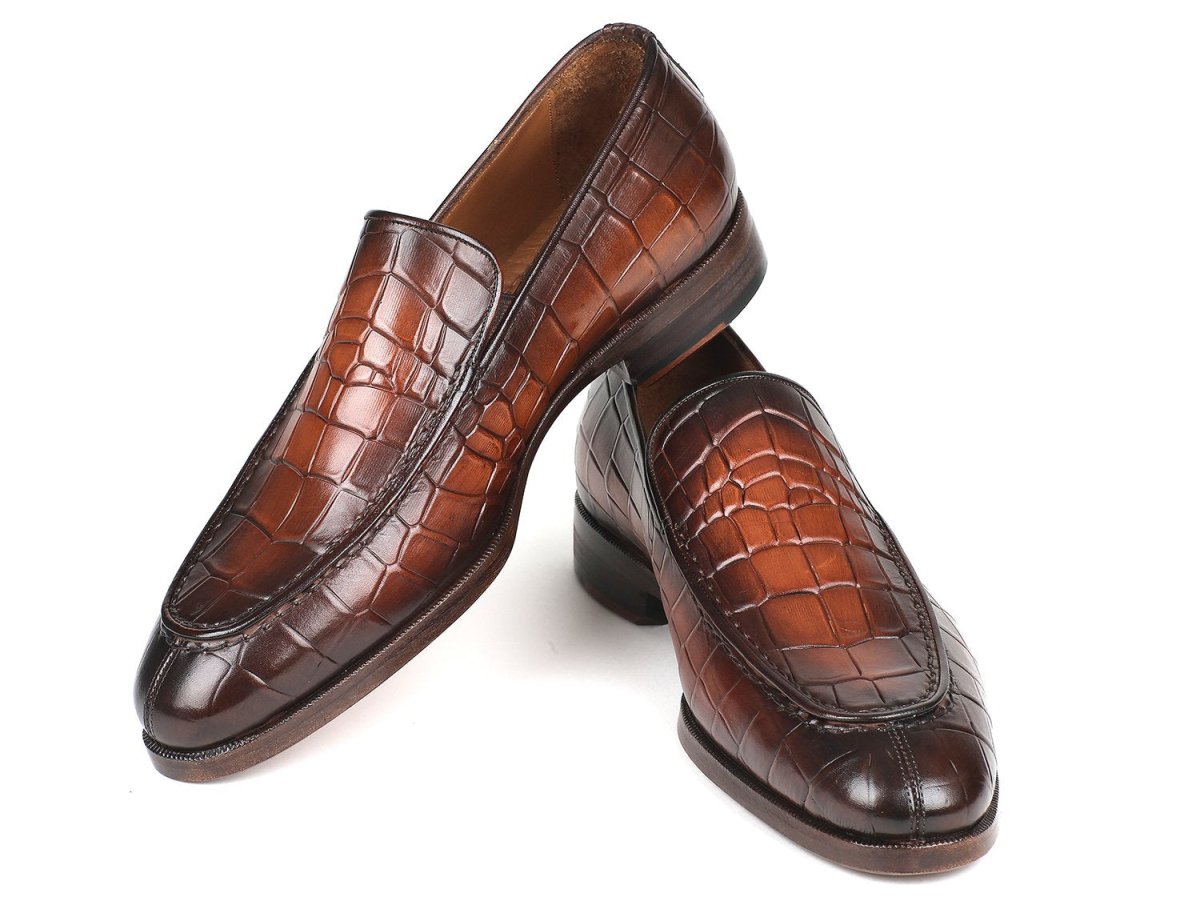Paul Parkman Men's Croco Embossed Calfskin Loafers in Brown Burnished