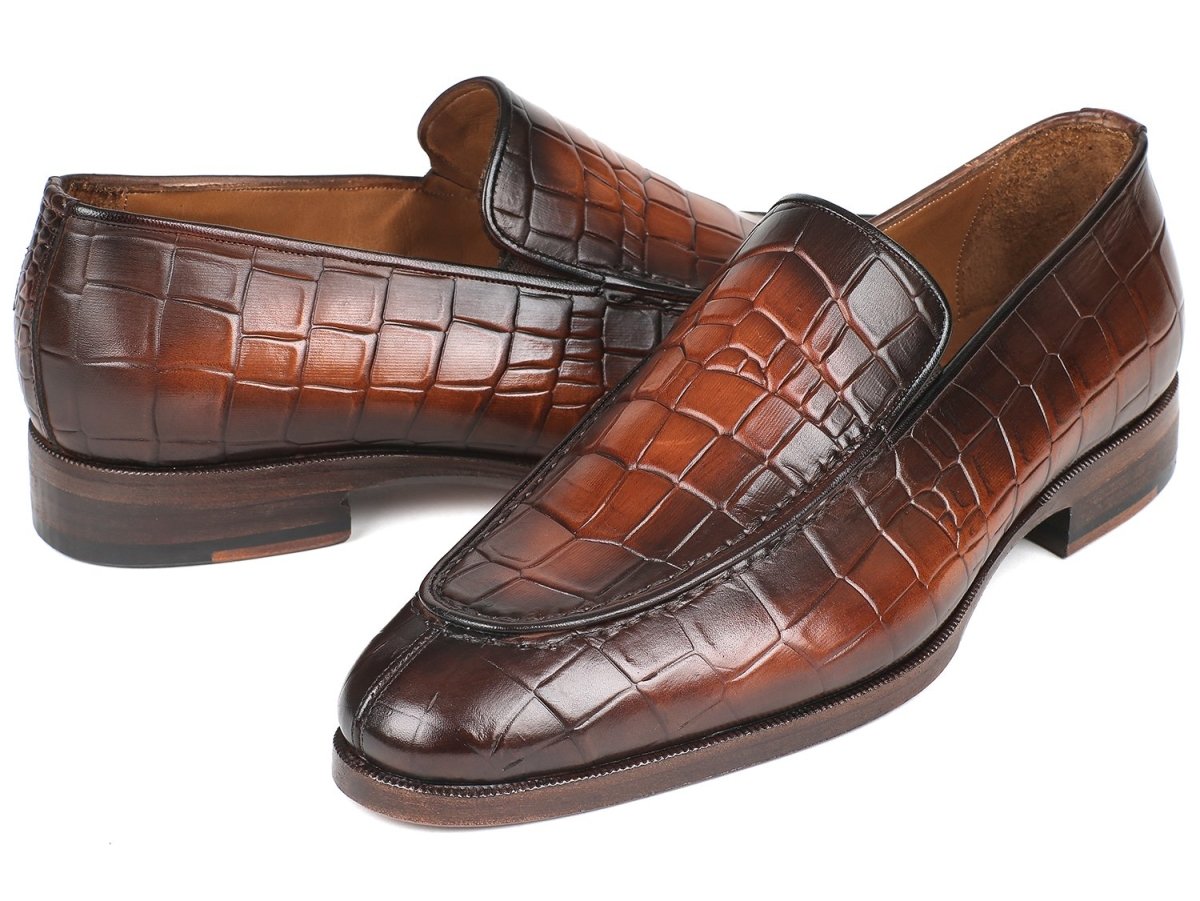 Paul Parkman Men's Croco Embossed Calfskin Loafers in Brown Burnished