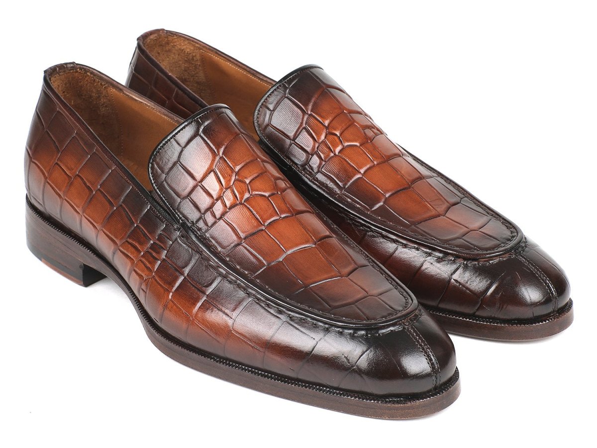 Paul Parkman Men's Croco Embossed Calfskin Loafers in Brown Burnished