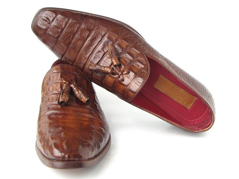 Paul Parkman Men's Croco Embossed Calfskin Tassel Loafers in Brown