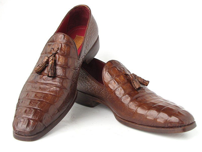 Paul Parkman Men's Croco Embossed Calfskin Tassel Loafers in Brown