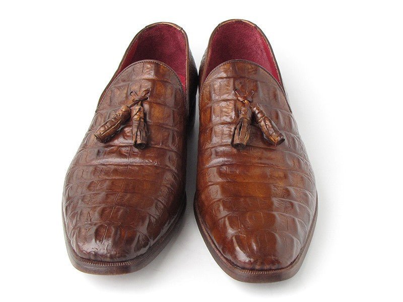 Paul Parkman Men's Croco Embossed Calfskin Tassel Loafers in Brown