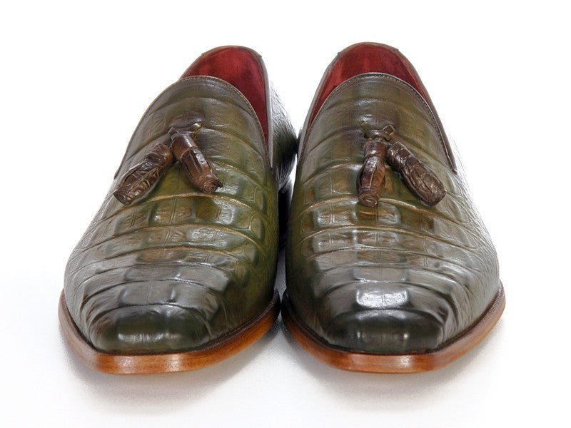 Paul Parkman Men's Croco Embossed Calfskin Tassel Loafers in Green