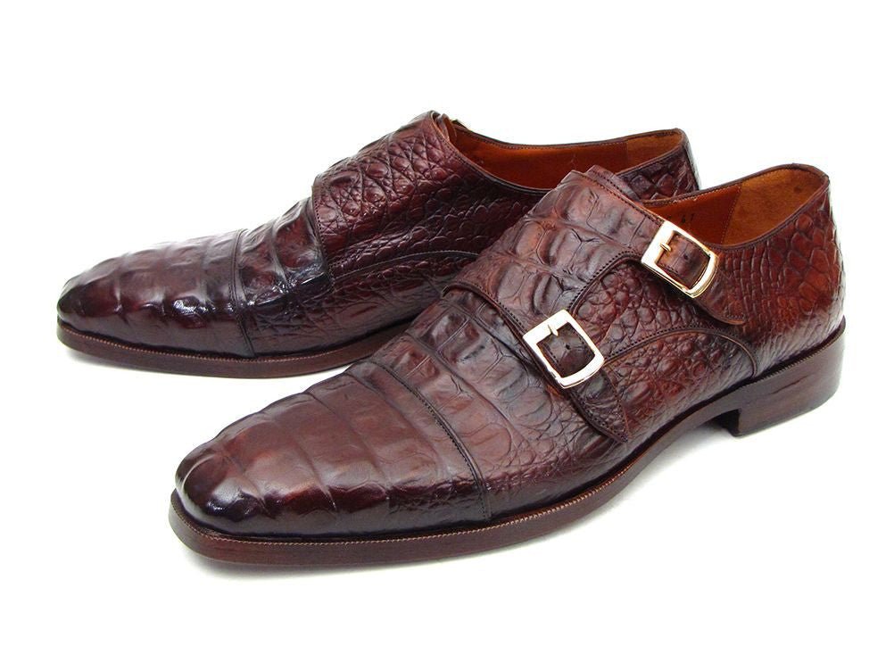 Paul Parkman Men's Croco Embossed Leather Double Monkstraps in Brown and Bordeaux