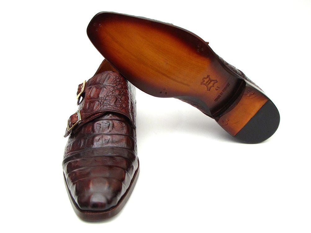 Paul Parkman Men's Croco Embossed Leather Double Monkstraps in Brown and Bordeaux