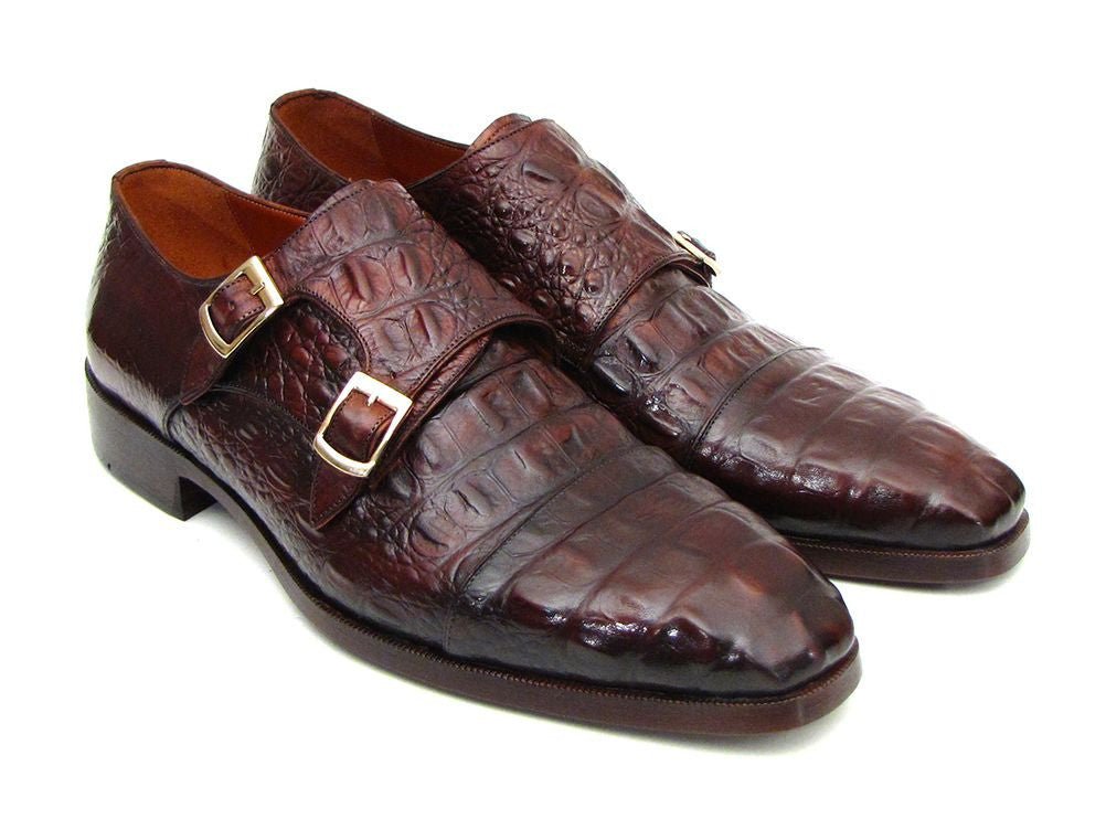 Paul Parkman Men's Croco Embossed Leather Double Monkstraps in Brown and Bordeaux
