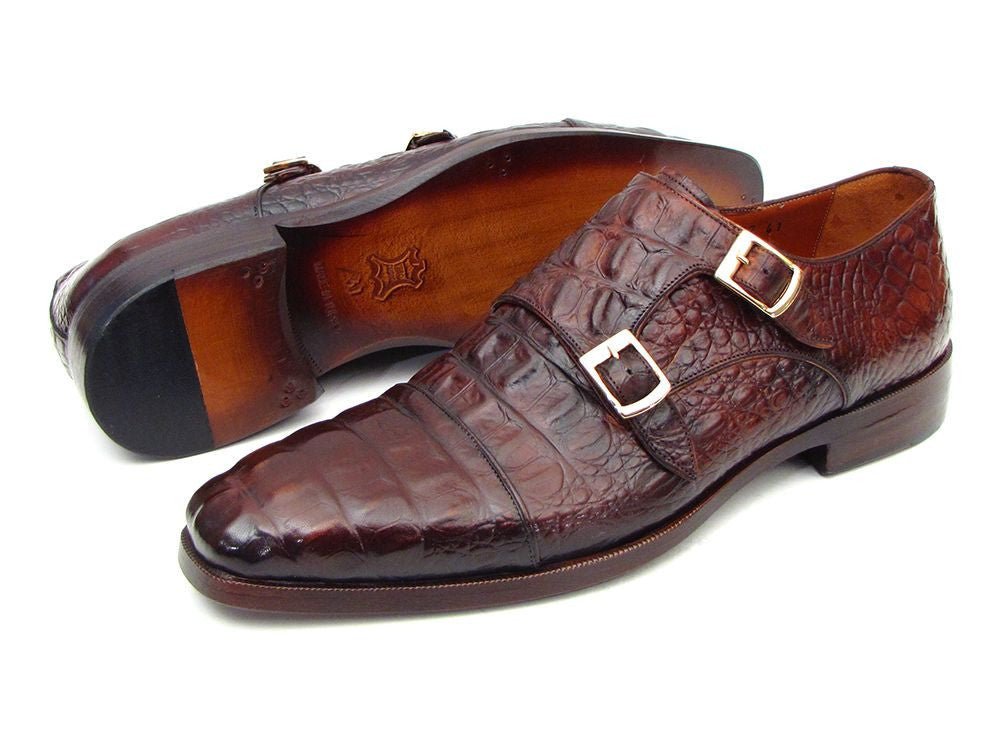 Paul Parkman Men's Croco Embossed Leather Double Monkstraps in Brown and Bordeaux