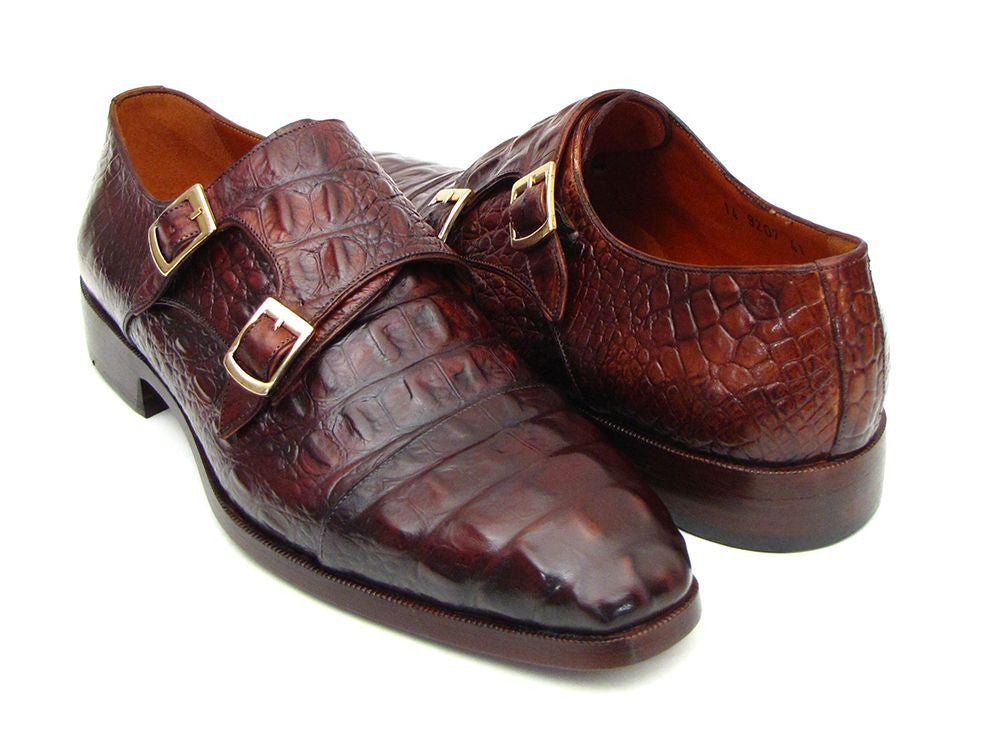 Paul Parkman Men's Croco Embossed Leather Double Monkstraps in Brown and Bordeaux