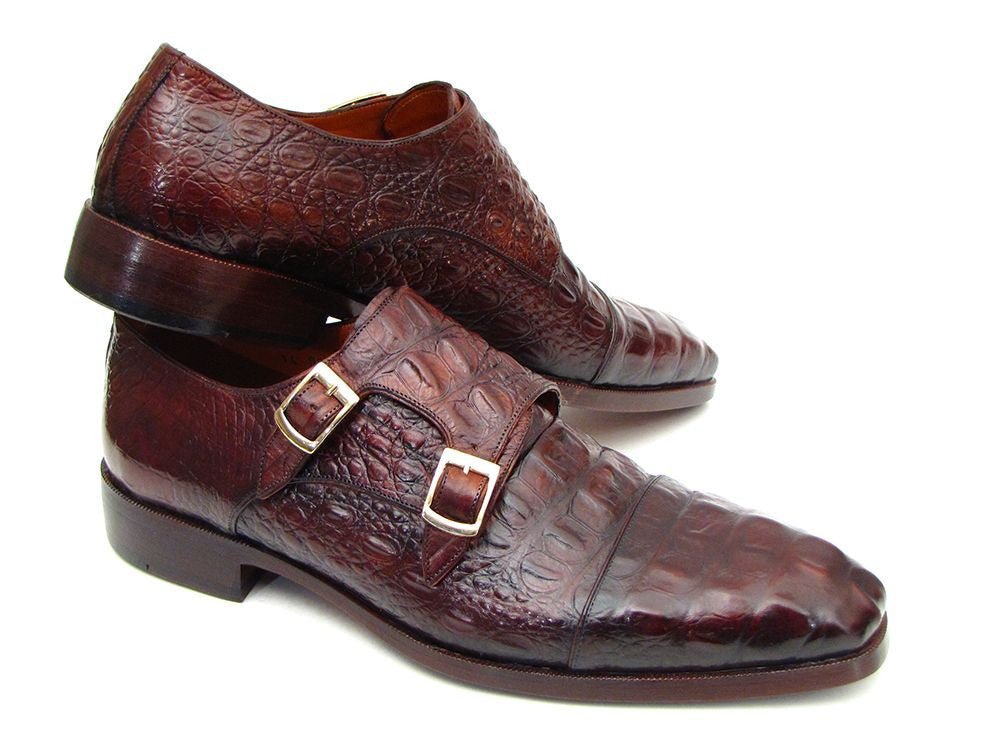 Paul Parkman Men's Croco Embossed Leather Double Monkstraps in Brown and Bordeaux