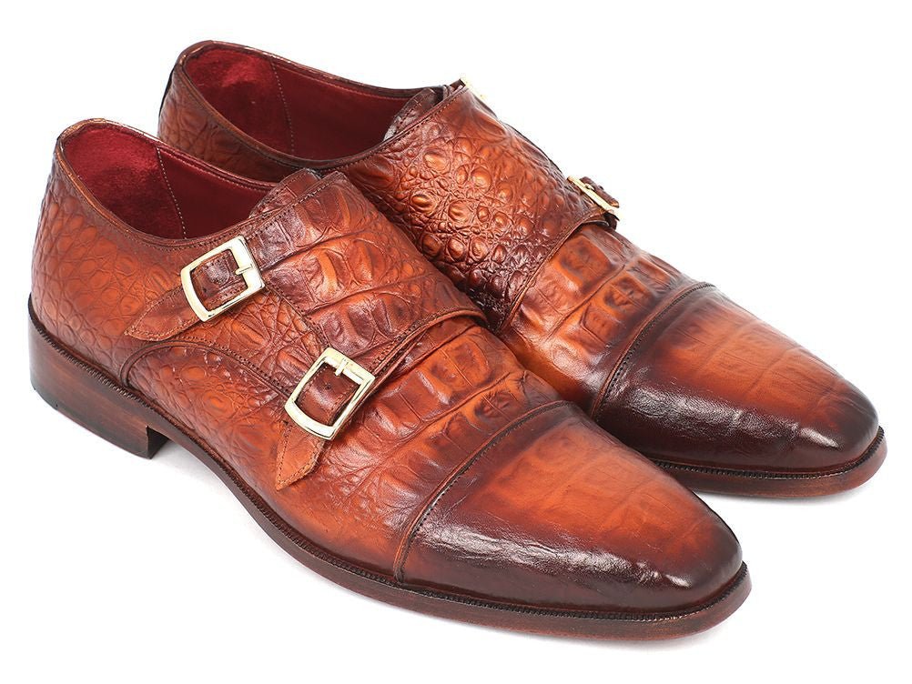 Paul Parkman Men's Croco Embossed Leather Double Monkstraps in Brown