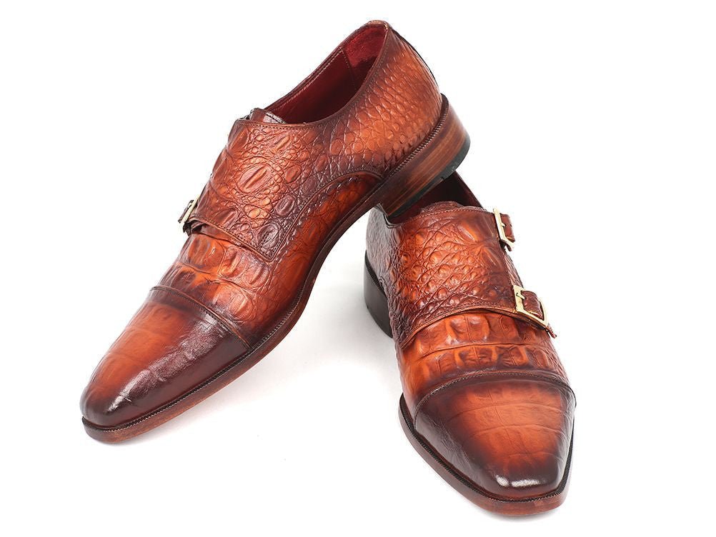 Paul Parkman Men's Croco Embossed Leather Double Monkstraps in Brown