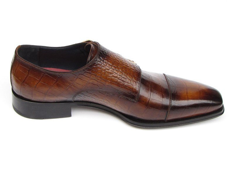 Paul Parkman Men's Croco Embossed Leather Double Monkstraps in Brown