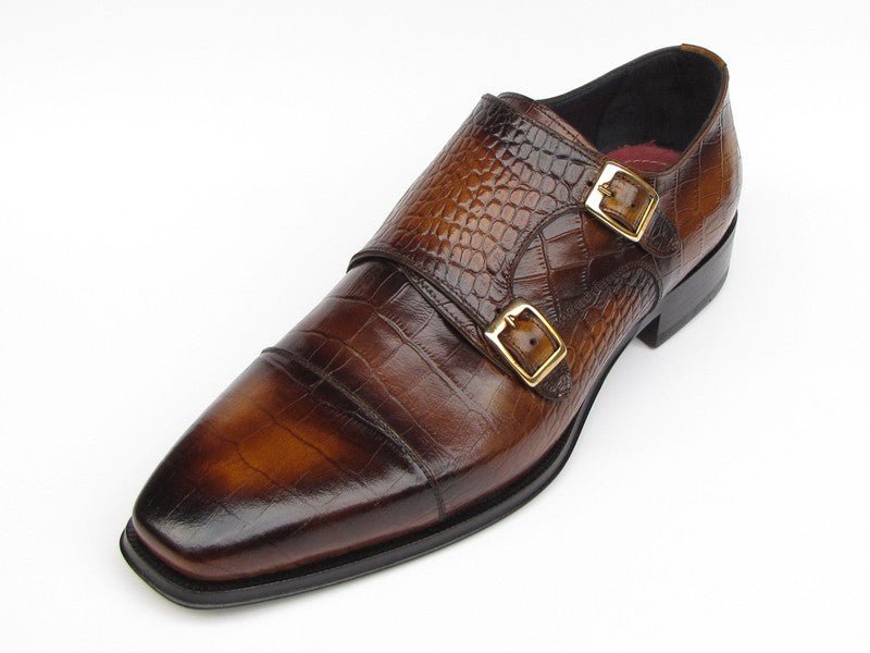 Paul Parkman Men's Croco Embossed Leather Double Monkstraps in Brown