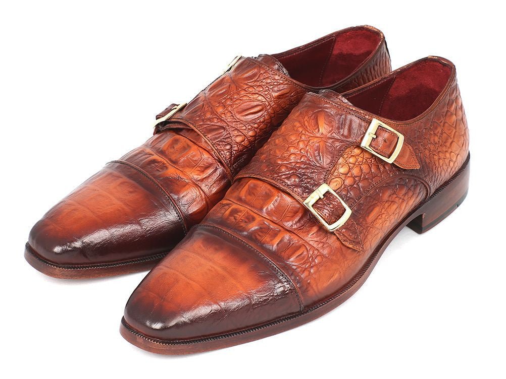 Paul Parkman Men's Croco Embossed Leather Double Monkstraps in Brown