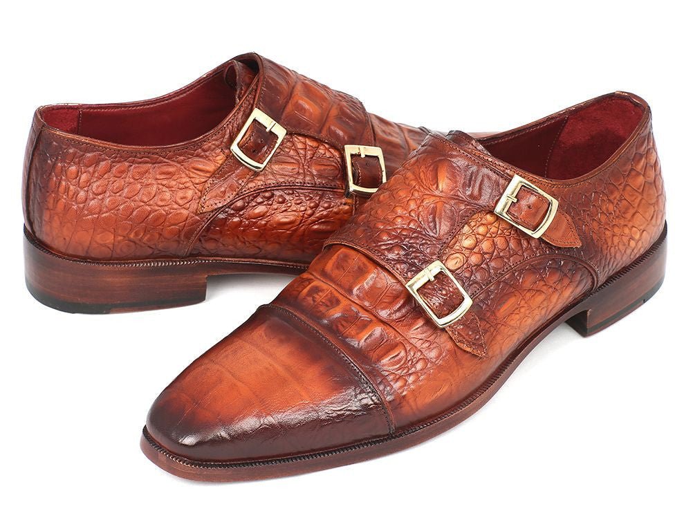 Paul Parkman Men's Croco Embossed Leather Double Monkstraps in Brown