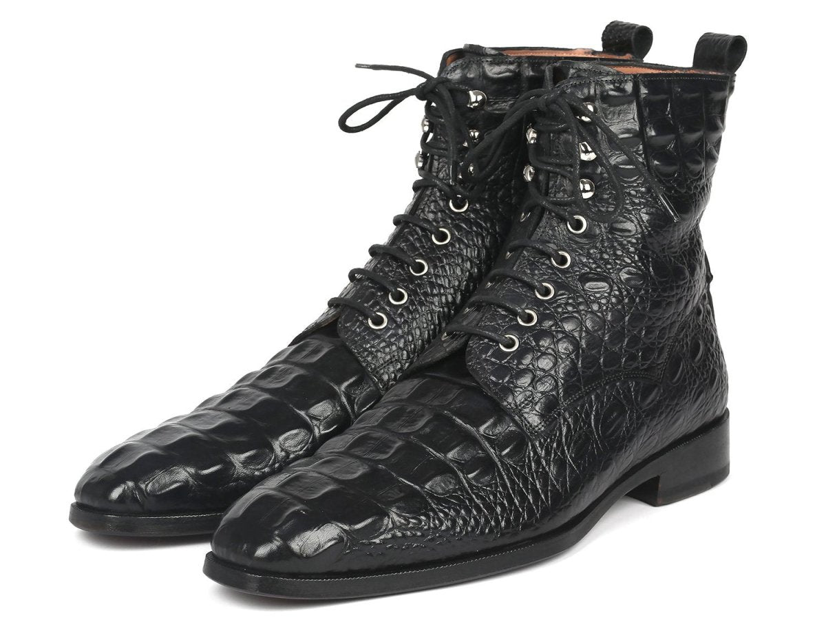 Paul Parkman Men's Croco Embossed Leather Lace Up Boots in Black