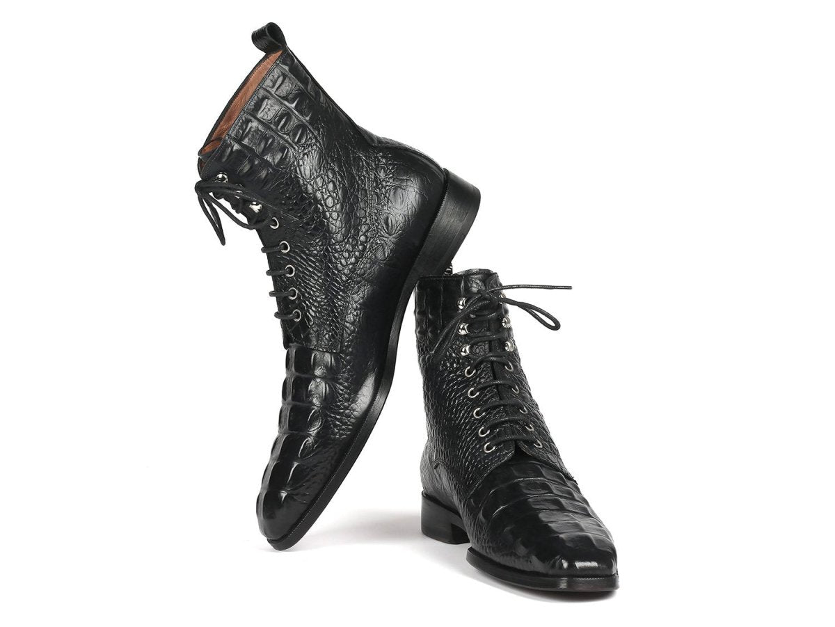 Paul Parkman Men's Croco Embossed Leather Lace Up Boots in Black