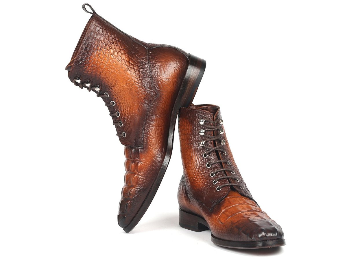 Paul Parkman Men's Croco Embossed Leather Lace Up Boots in Brown