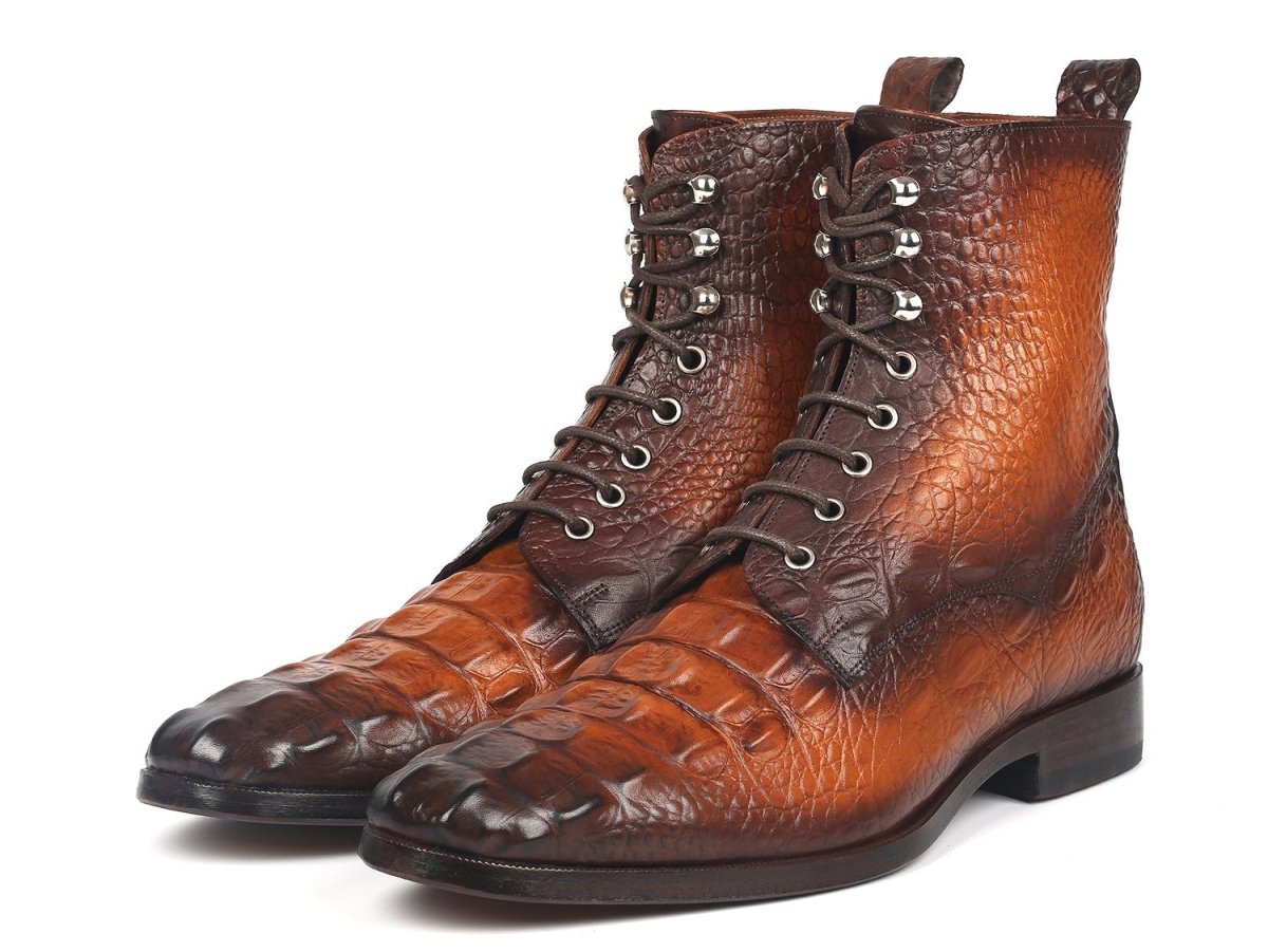 Paul Parkman Men's Croco Embossed Leather Lace Up Boots in Brown